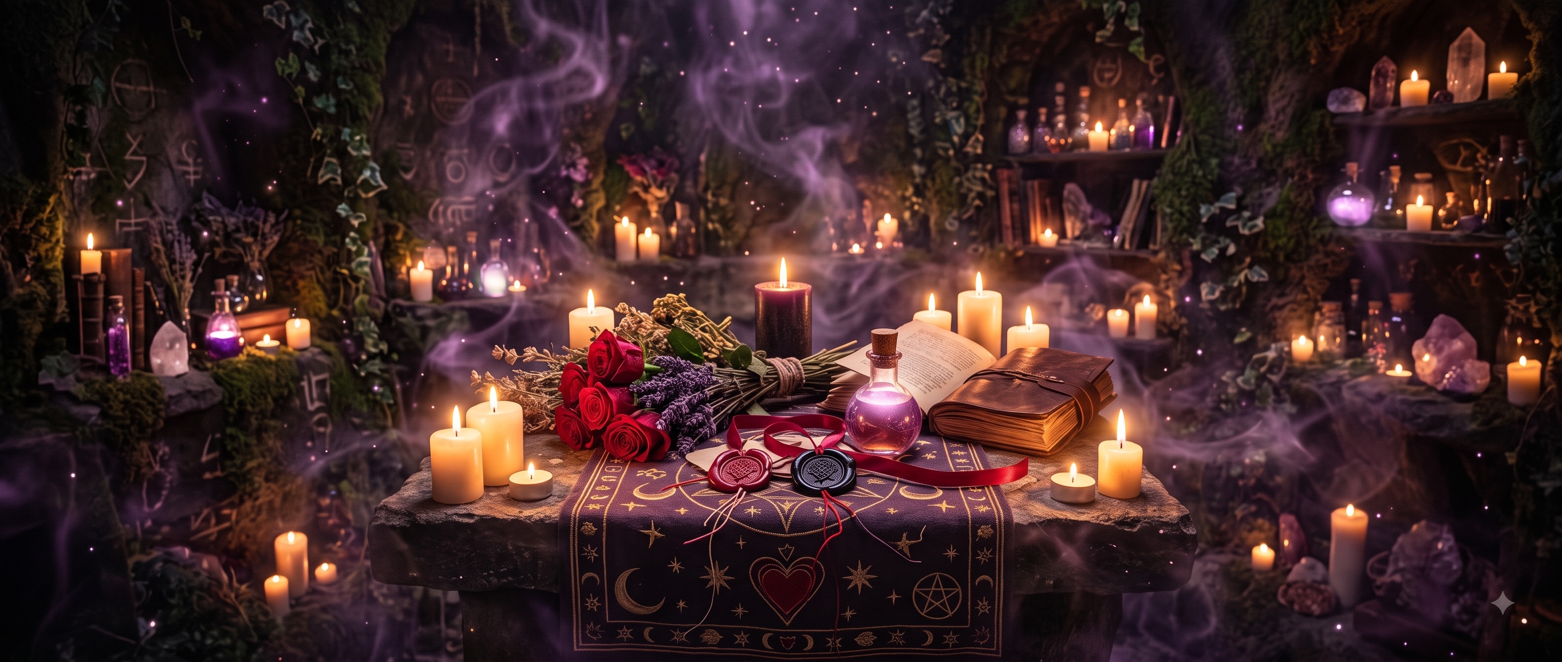Altar esotérico con velas, rosas y cristales