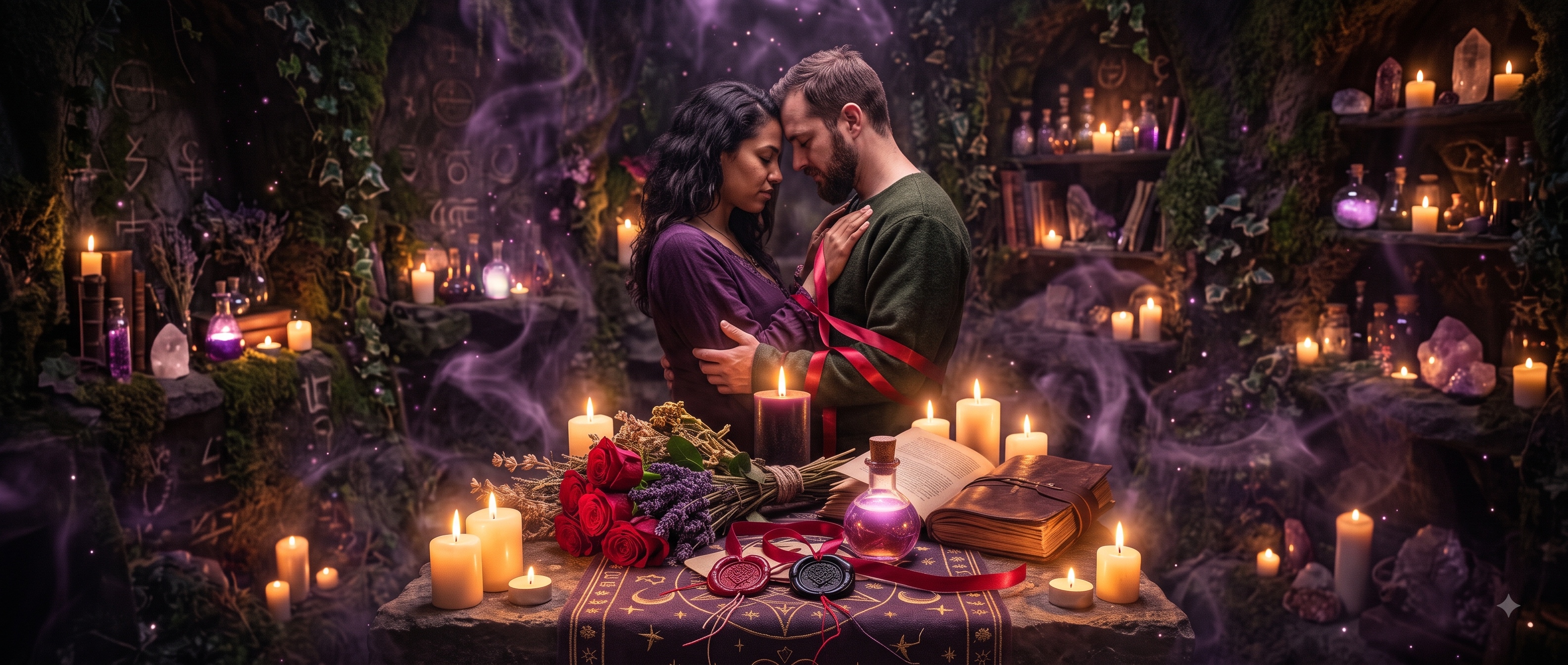 Ritual de amarre de amor con altar de velas y cristales